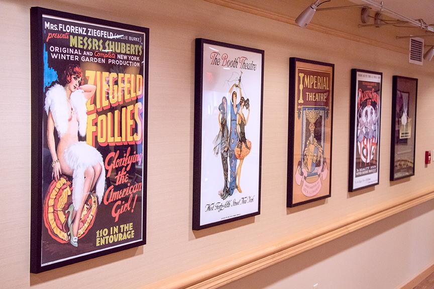 Artwork on our walls pays homage to the history of our residents' work in show business. These posters are courtesy of The Shubert Archives. | Photo by Don Pearse Photographers, Inc.
